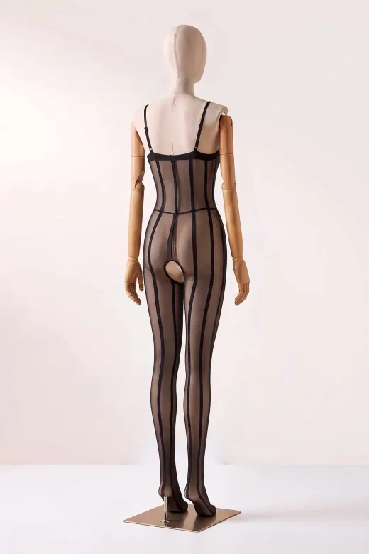 Бодістокінг Stripe Tease із вертикальними смугами на манекені, вигляд ззаду